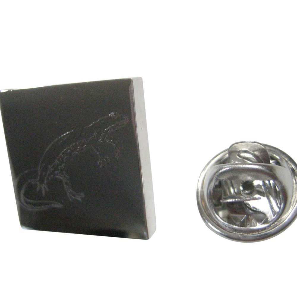Silver Toned Square Etched Newt Gecko Lizard Lapel Pin